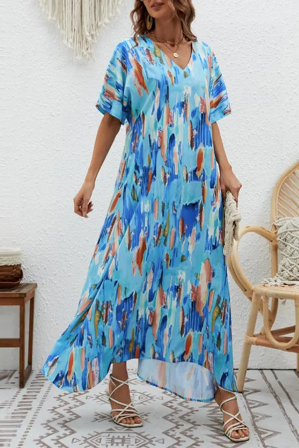 Elegant V-Neck Printed High Waist Loose Swing Dress