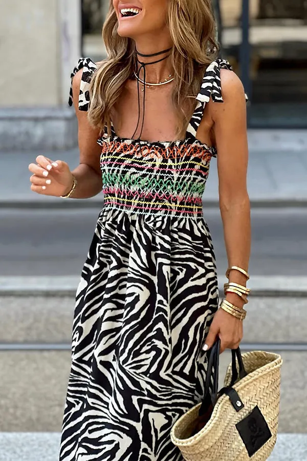 Ethnic Printed Smocked Shoulder Tie Maxi Dress