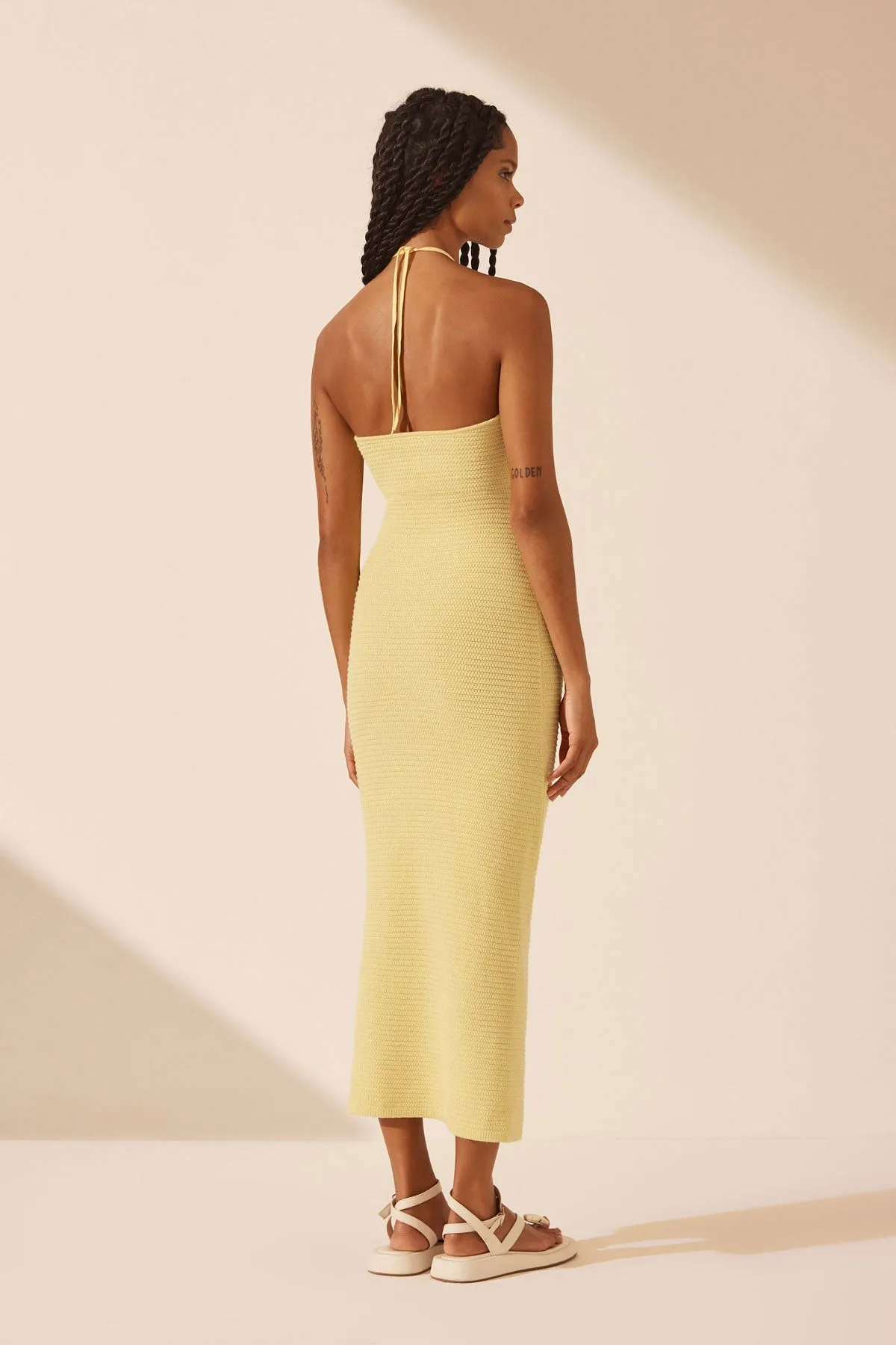 EVE TWIST FRONT HALTER MIDI DRESS - LEMON