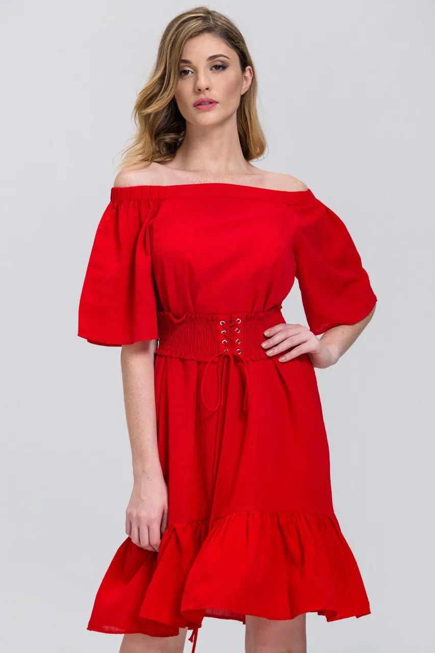 Fatima Almomen - Red Off the Shoulder Corset Belt Ruffled Hem Midi Dress