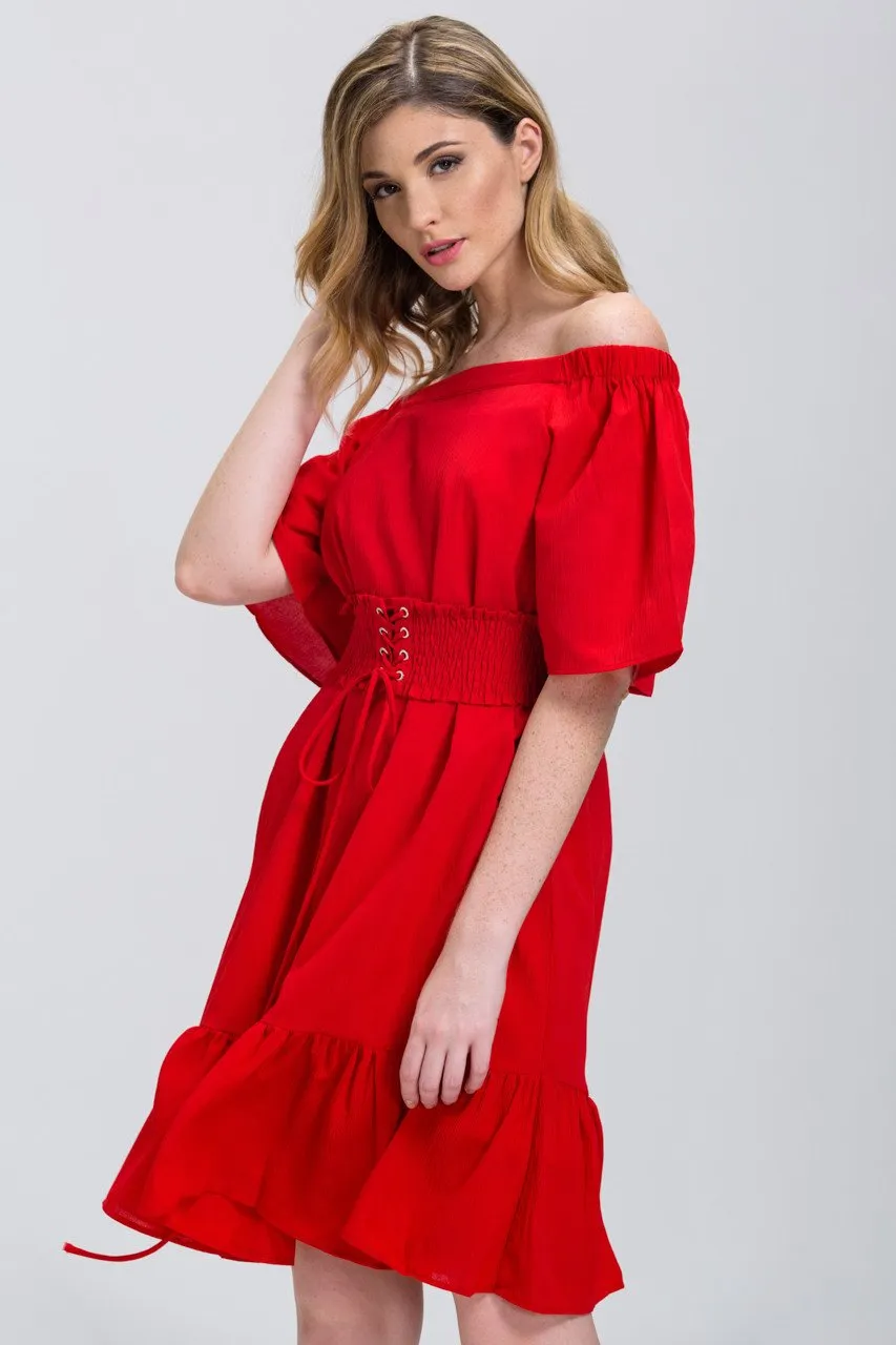 Fatima Almomen - Red Off the Shoulder Corset Belt Ruffled Hem Midi Dress