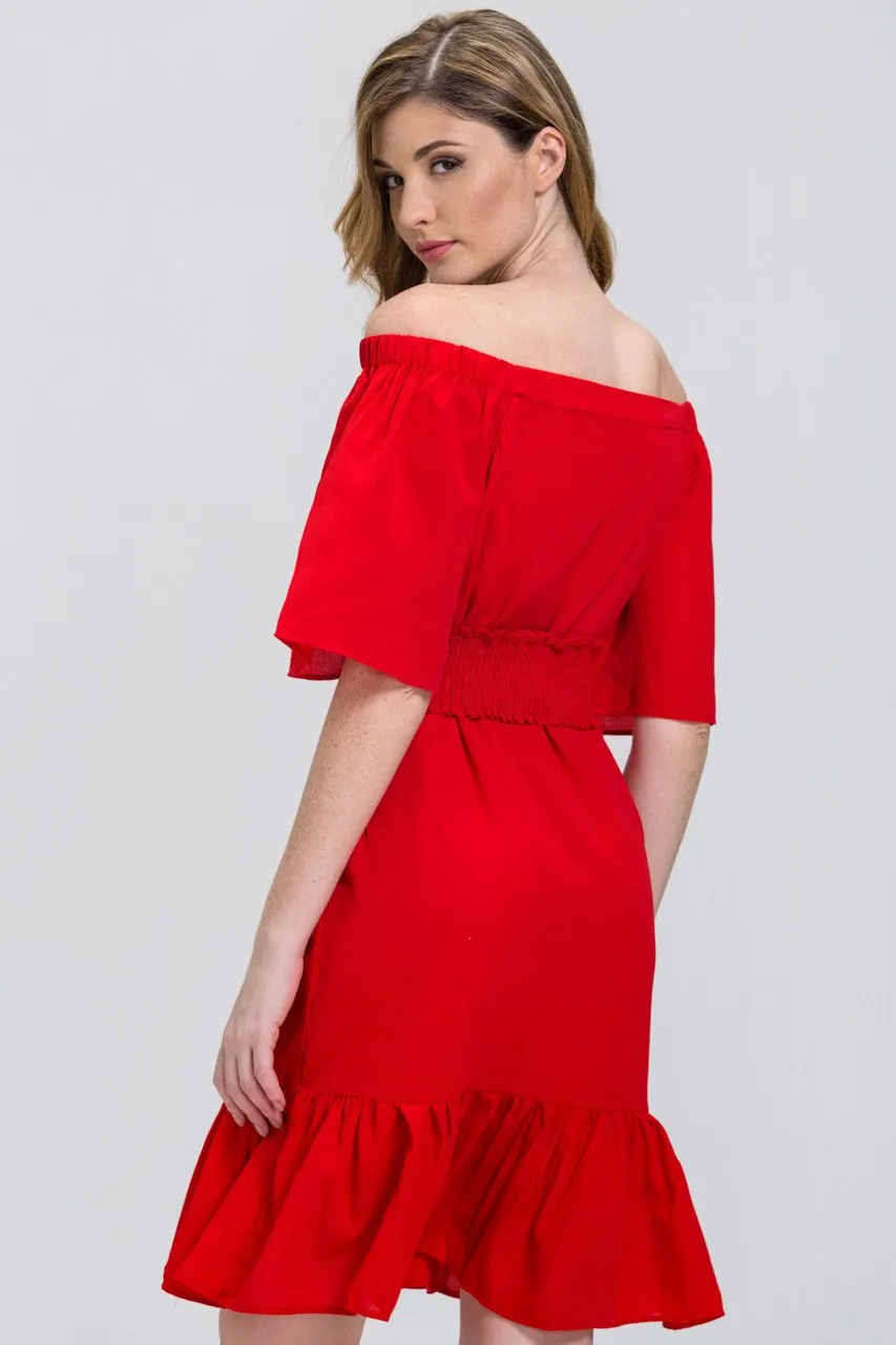 Fatima Almomen - Red Off the Shoulder Corset Belt Ruffled Hem Midi Dress