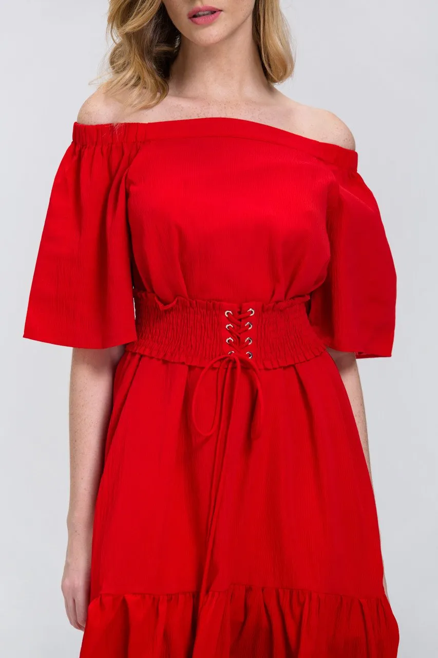 Fatima Almomen - Red Off the Shoulder Corset Belt Ruffled Hem Midi Dress