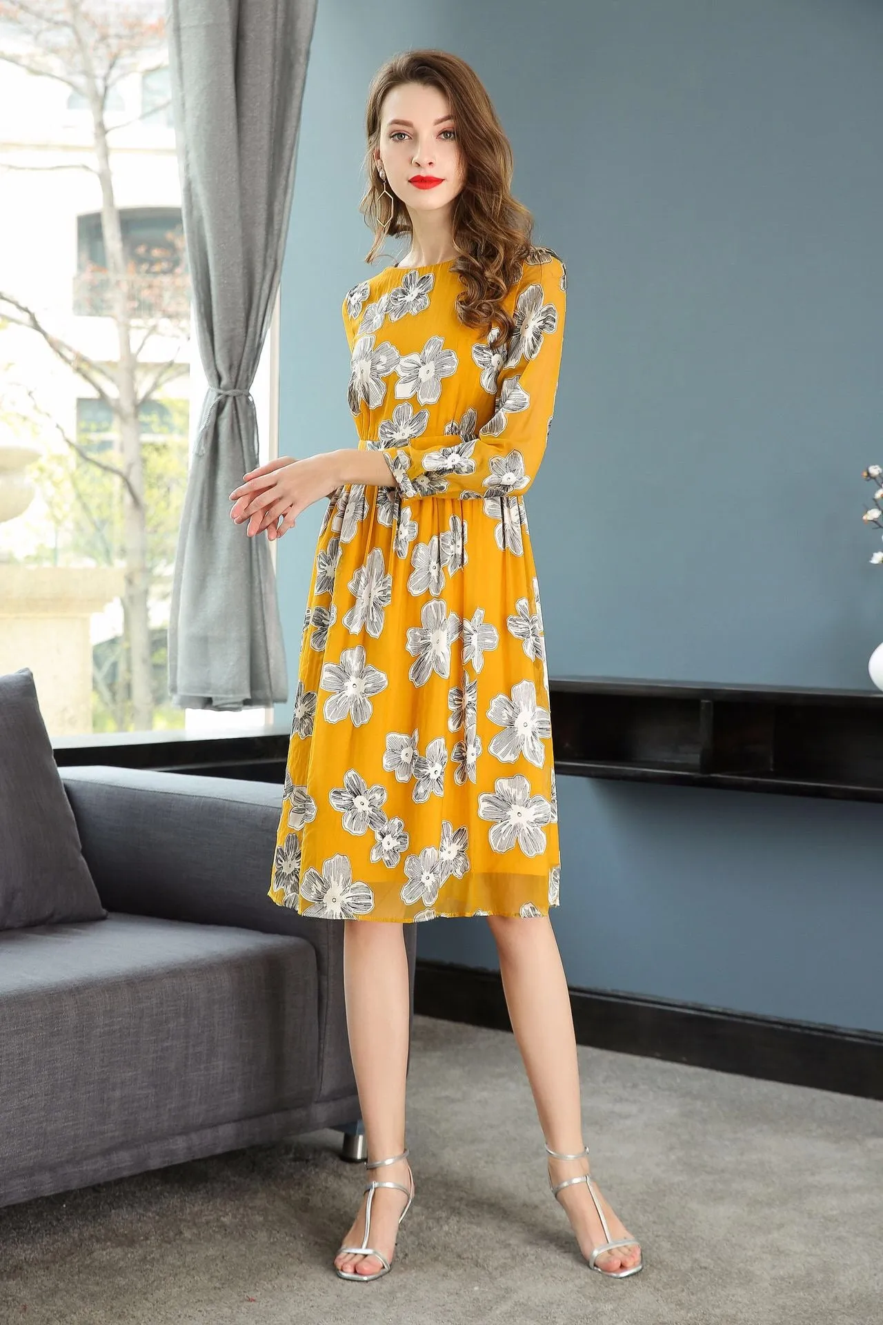 Floral Fitted Waist Midi Dress