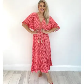 Geometric Tassel Dress - Coral