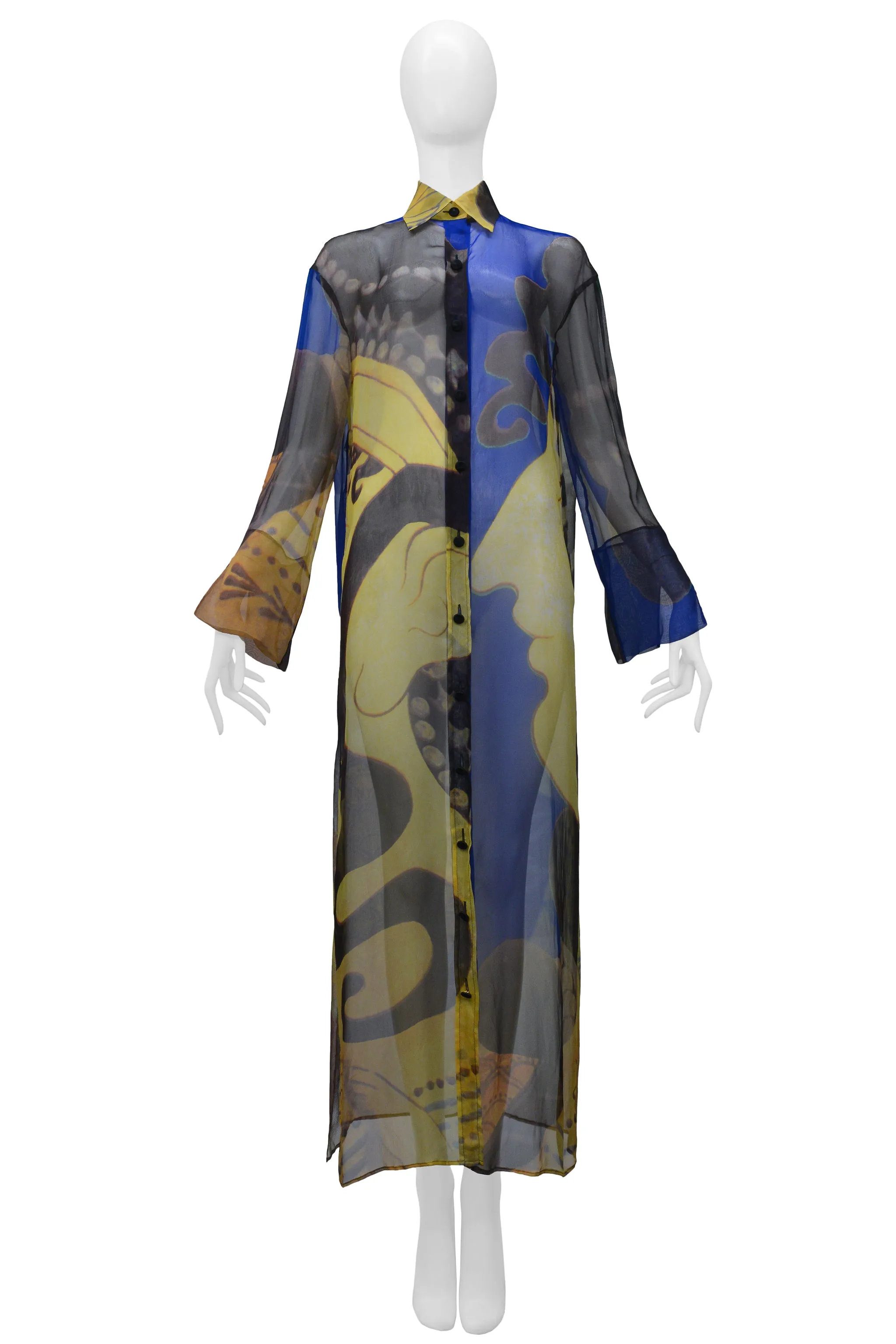 GIANFRANCO FERRE NAVY & GOLD CHIFFON CAFTAN SHIRT DRESS