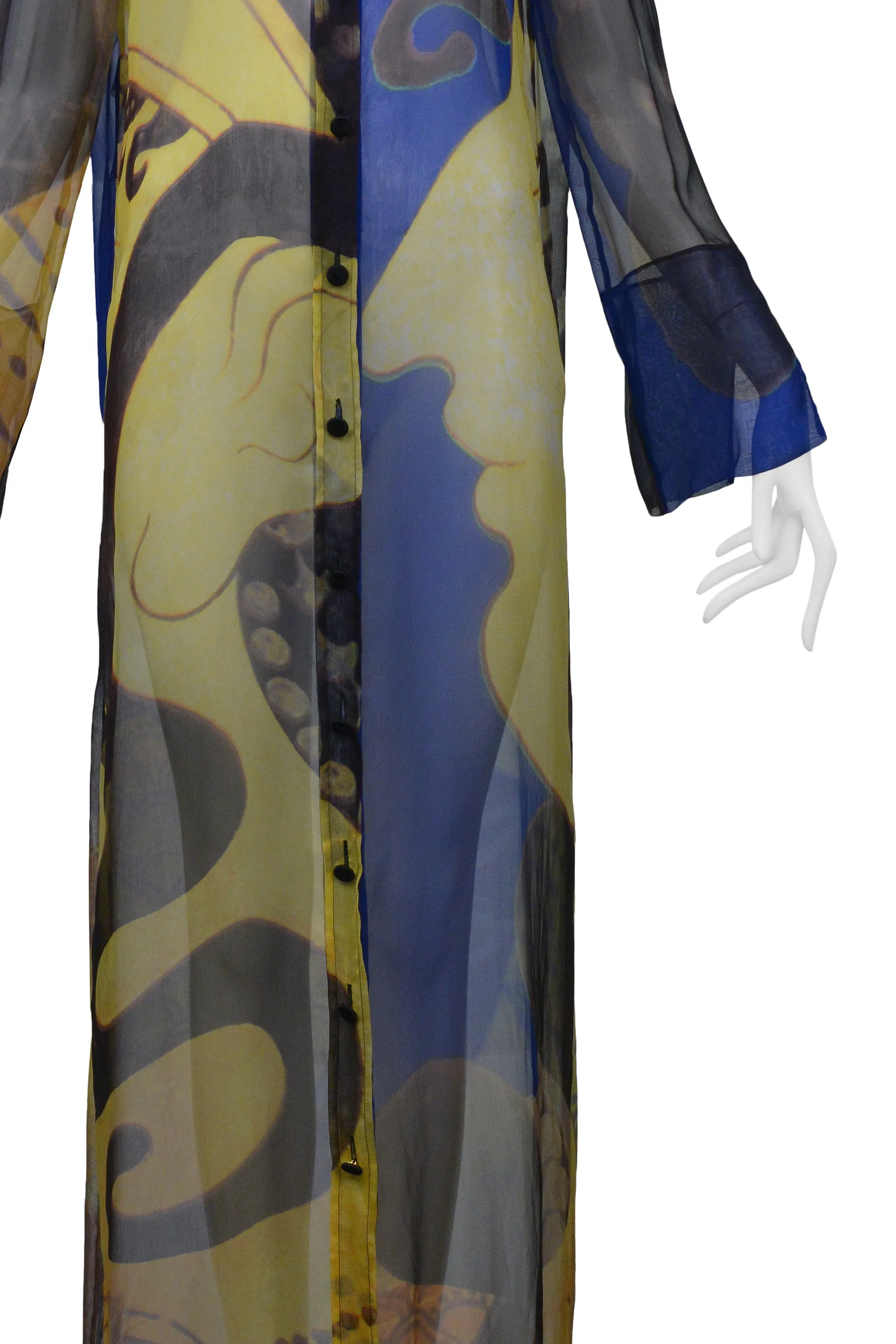 GIANFRANCO FERRE NAVY & GOLD CHIFFON CAFTAN SHIRT DRESS