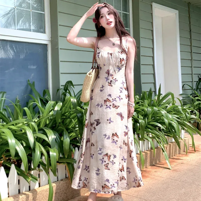 Girlary Butterfly printed halter dress 2024 new summer temperament Slim meat covering long dress large size French retro