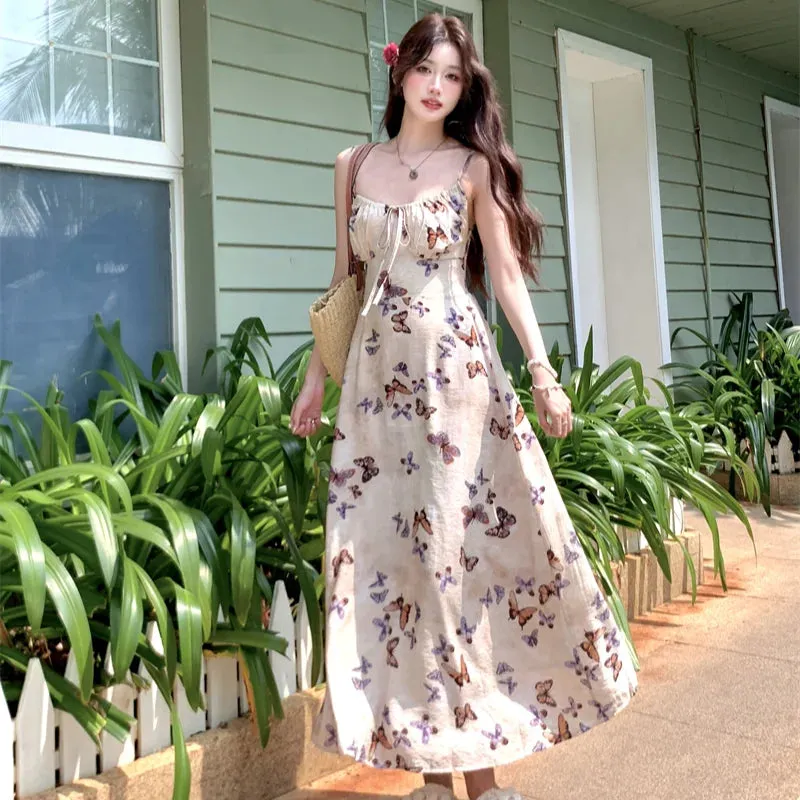 Girlary Butterfly printed halter dress 2024 new summer temperament Slim meat covering long dress large size French retro