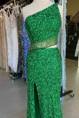 Green Two Piece Sequined One Shoulder Long Party Dress with Tassel,Gala Dresses Elegant