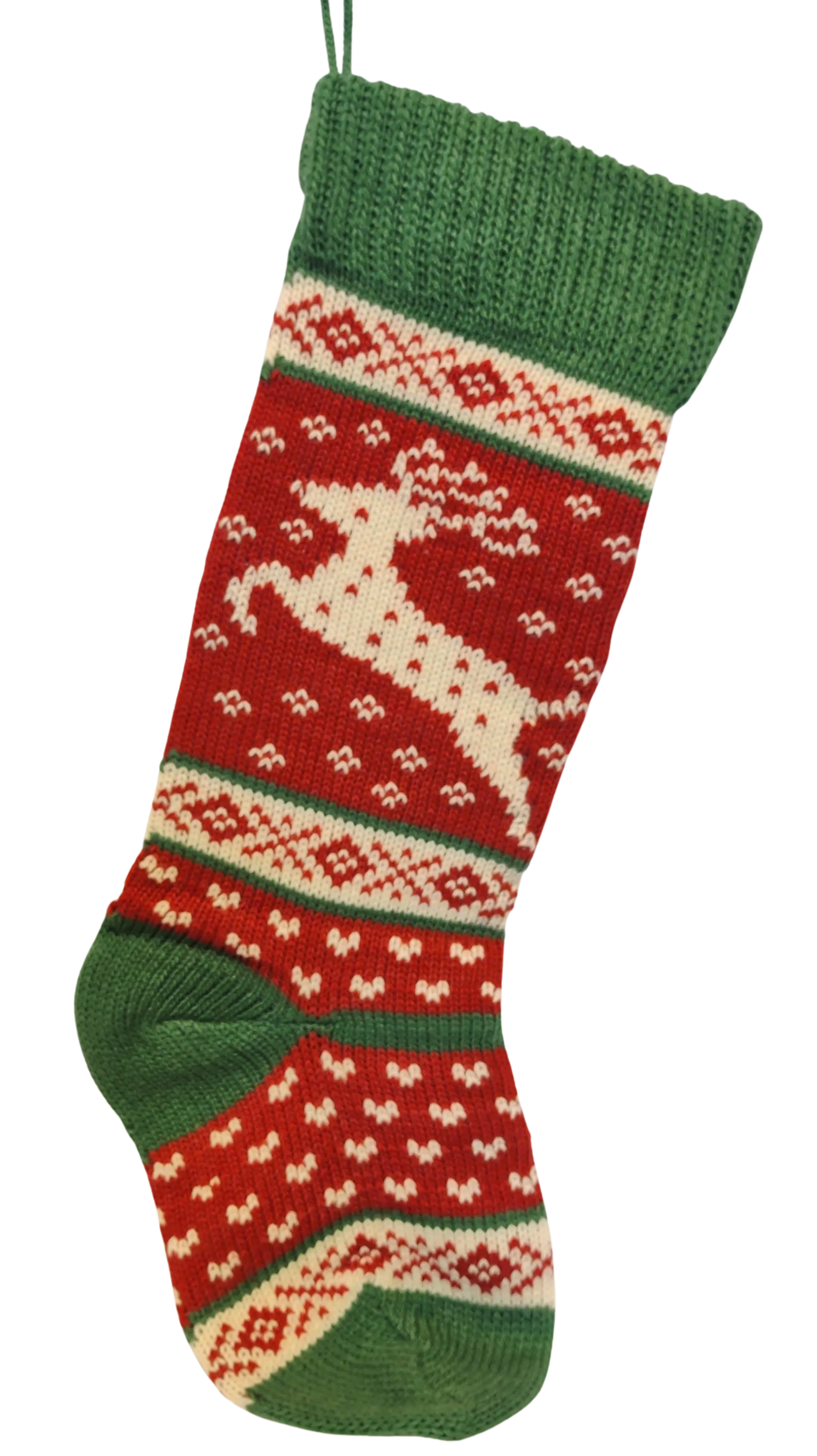 Green/Red/White Knitted Stocking with Reindeer 20"