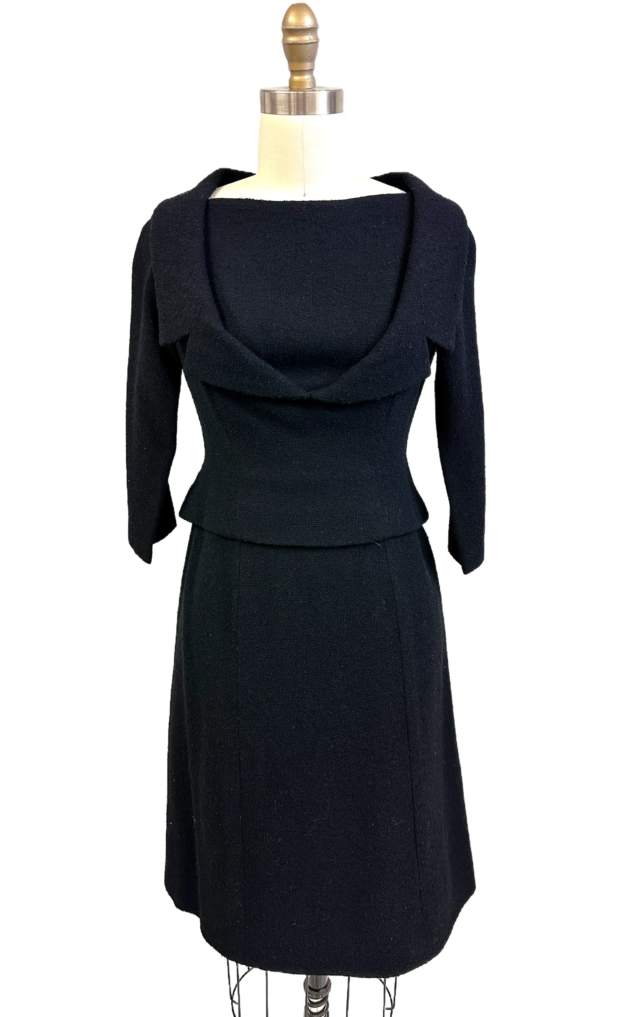 Halifax Paris Vintage Black Wool Boucle Cocktail Dress LBD  1950S 36-30-38