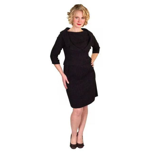 Halifax Paris Vintage Black Wool Boucle Cocktail Dress LBD  1950S 36-30-38