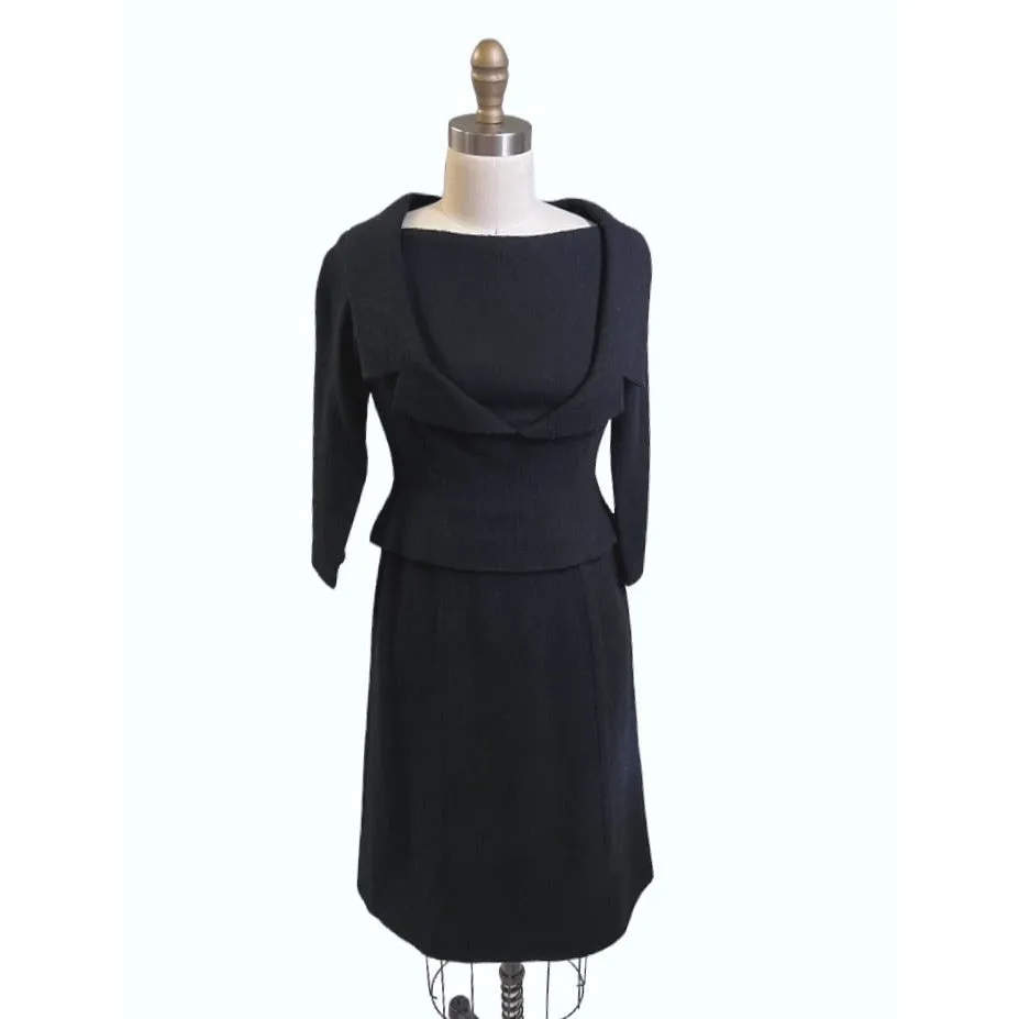 Halifax Paris Vintage Black Wool Boucle Cocktail Dress LBD  1950S 36-30-38