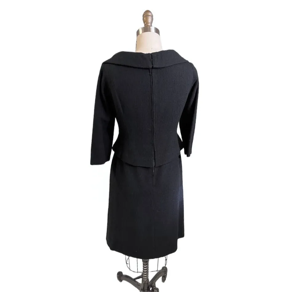 Halifax Paris Vintage Black Wool Boucle Cocktail Dress LBD  1950S 36-30-38