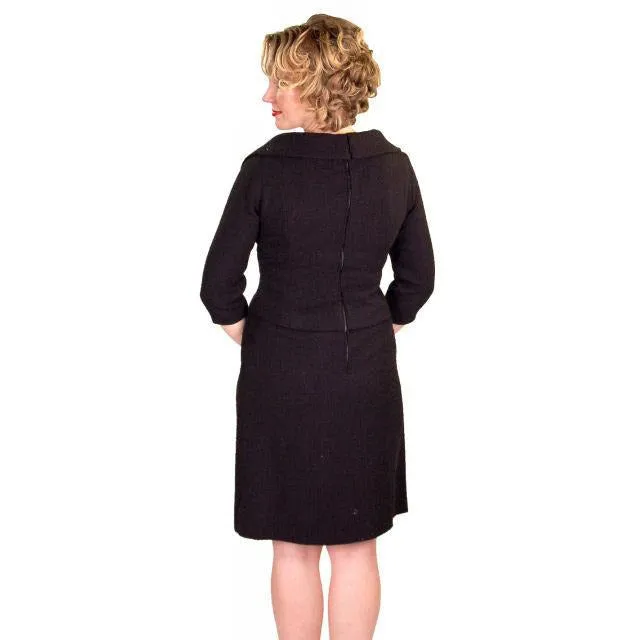 Halifax Paris Vintage Black Wool Boucle Cocktail Dress LBD  1950S 36-30-38