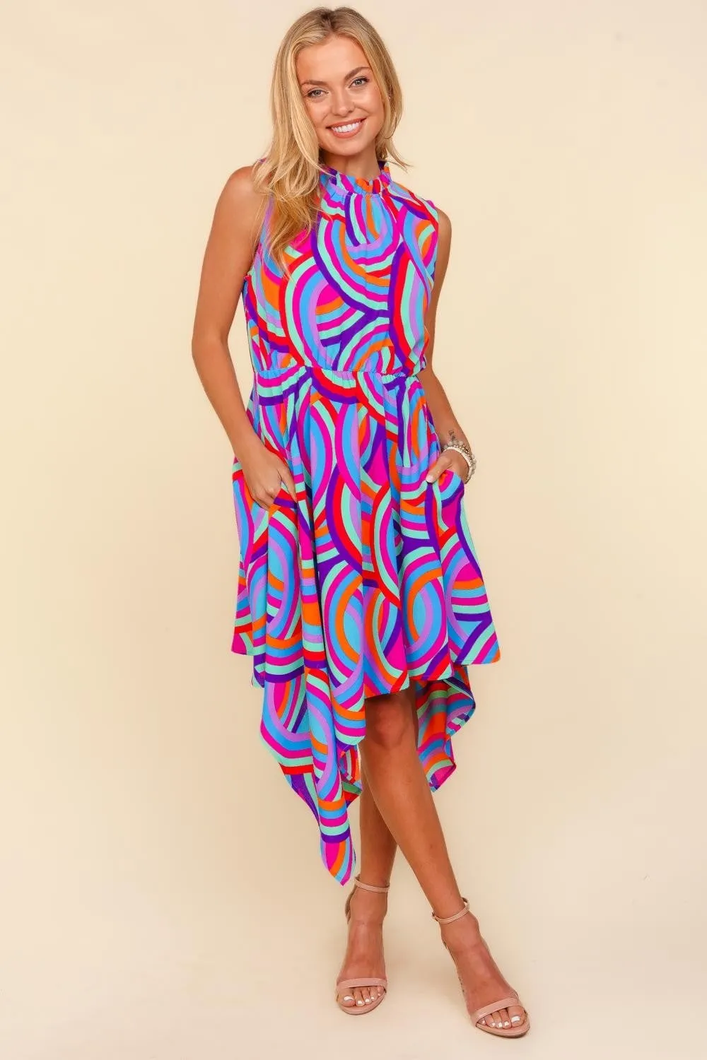 Haptics Mock Neck Sleeveless Printed Dress in Blue and Orange