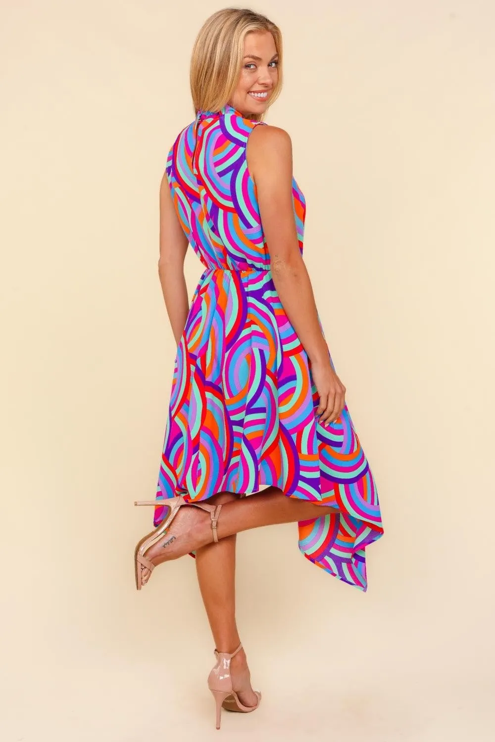 Haptics Mock Neck Sleeveless Printed Dress in Blue and Orange