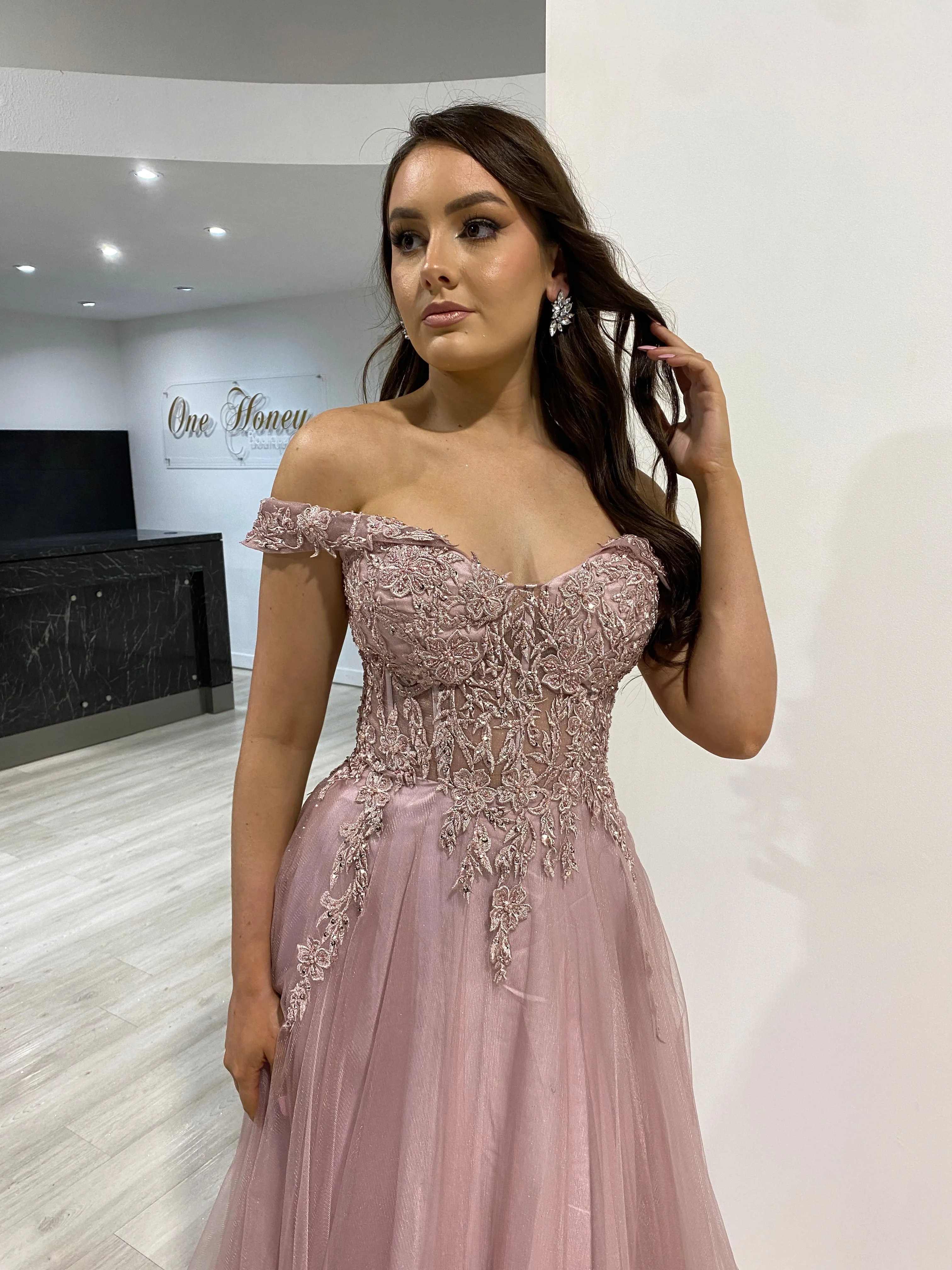 Honey Couture DEJA Dusty Pink Mauve Lace Applique Corset Ballgown