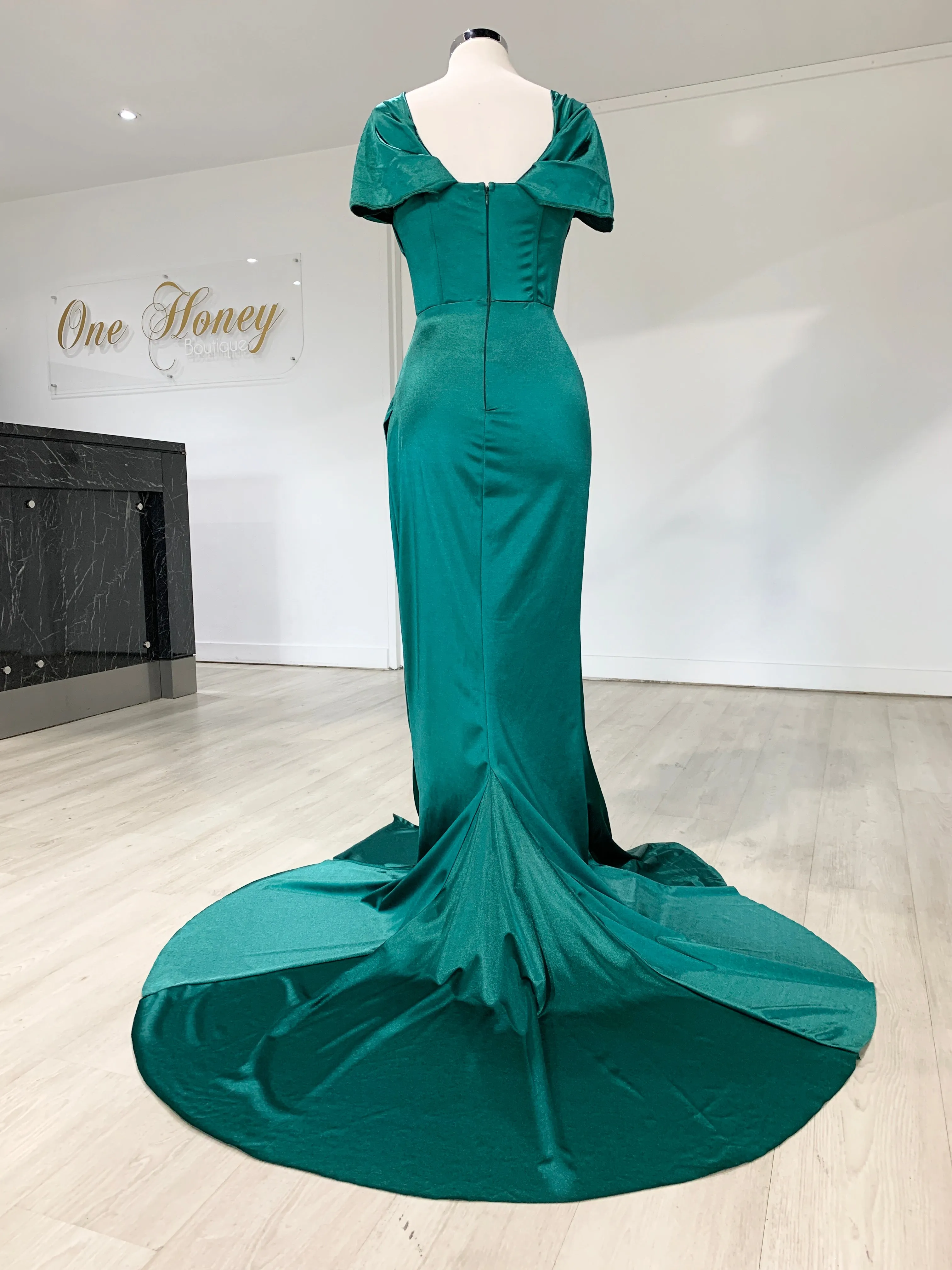 Honey Couture ESMERELDA Emerald Green Off Shoulder Corset Bustier Formal Dress