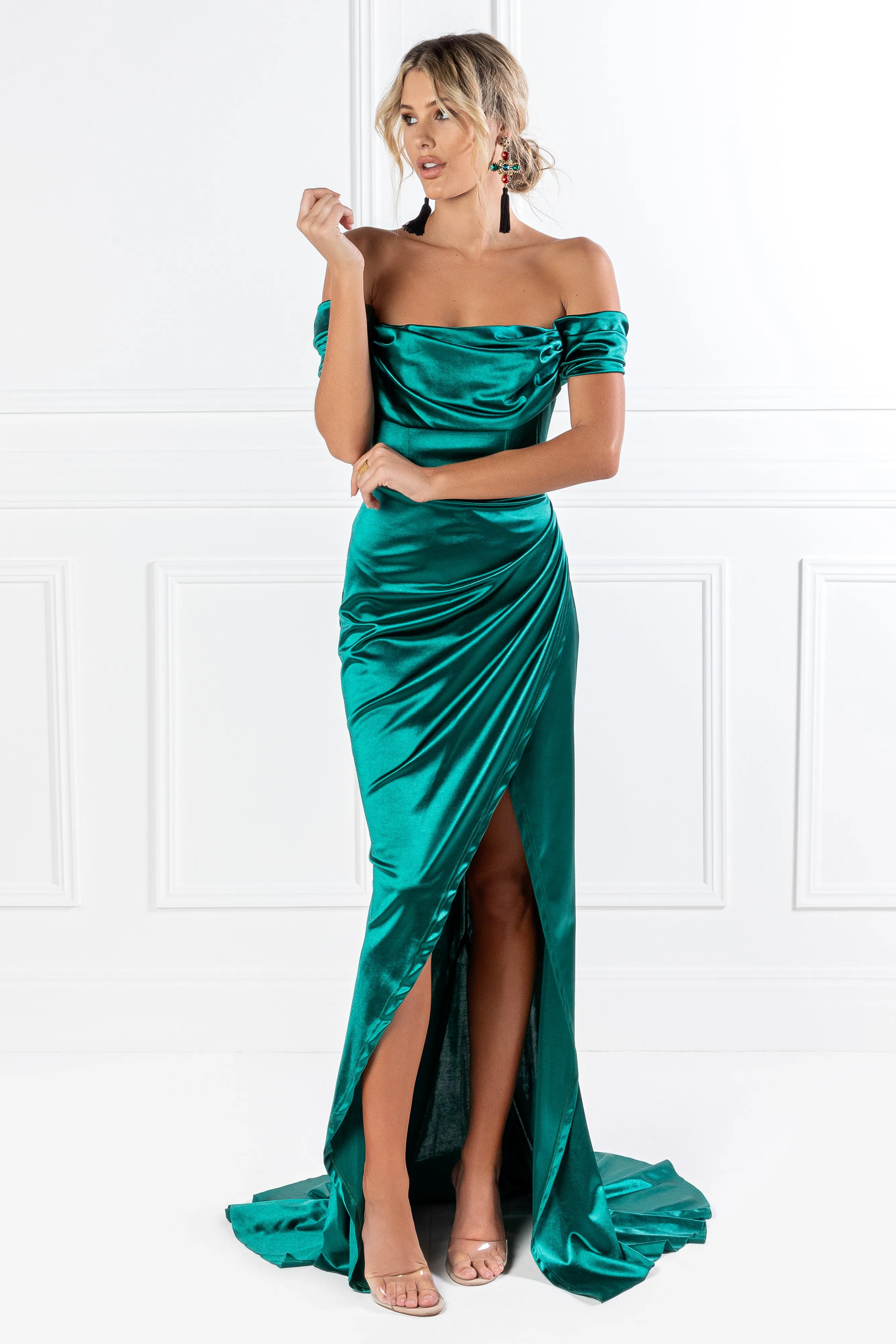 Honey Couture ESMERELDA Emerald Green Off Shoulder Corset Bustier Formal Dress