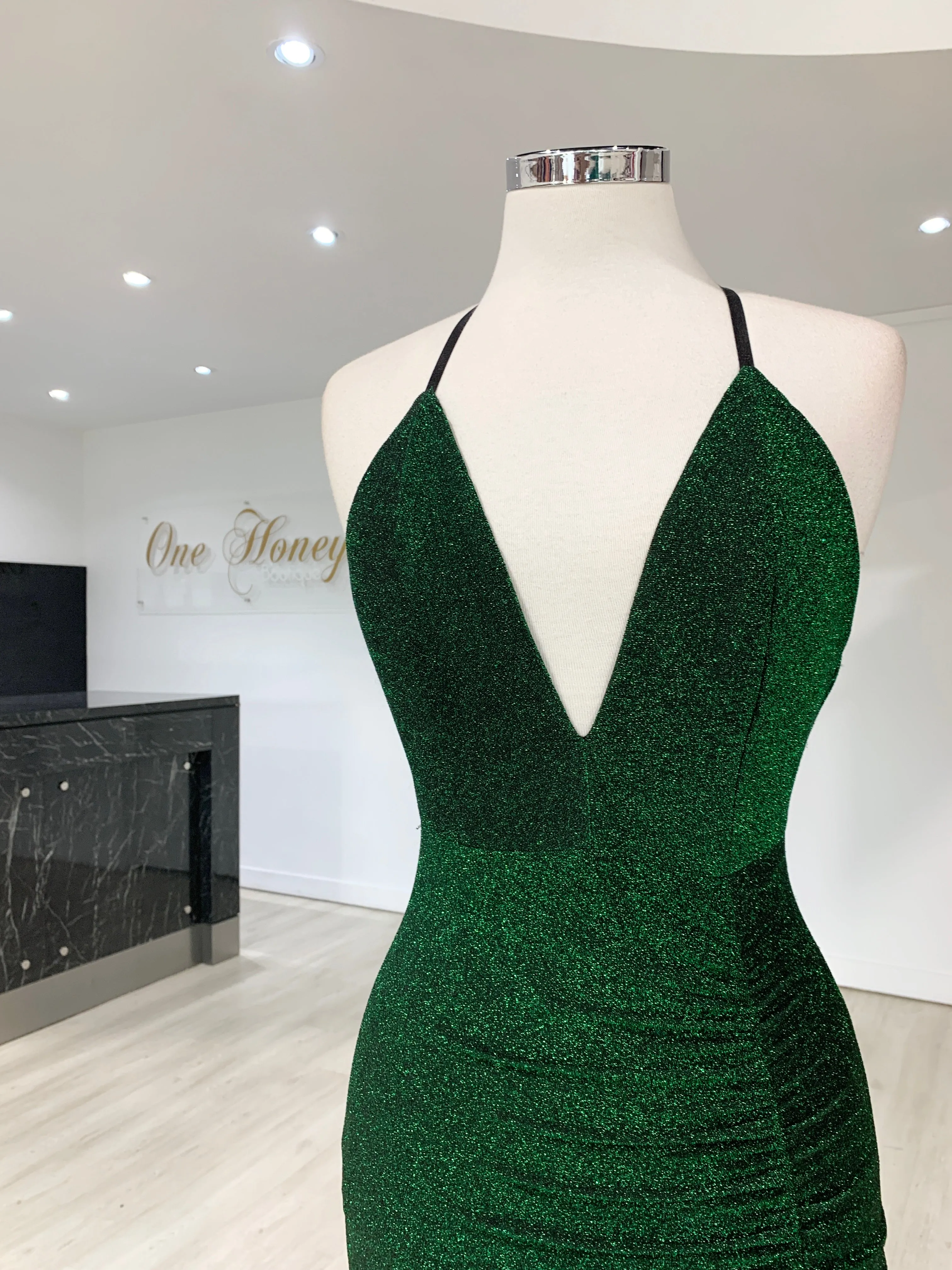 Honey Couture LUREX Emerald Green Sparkle Mermaid Evening Gown Dress