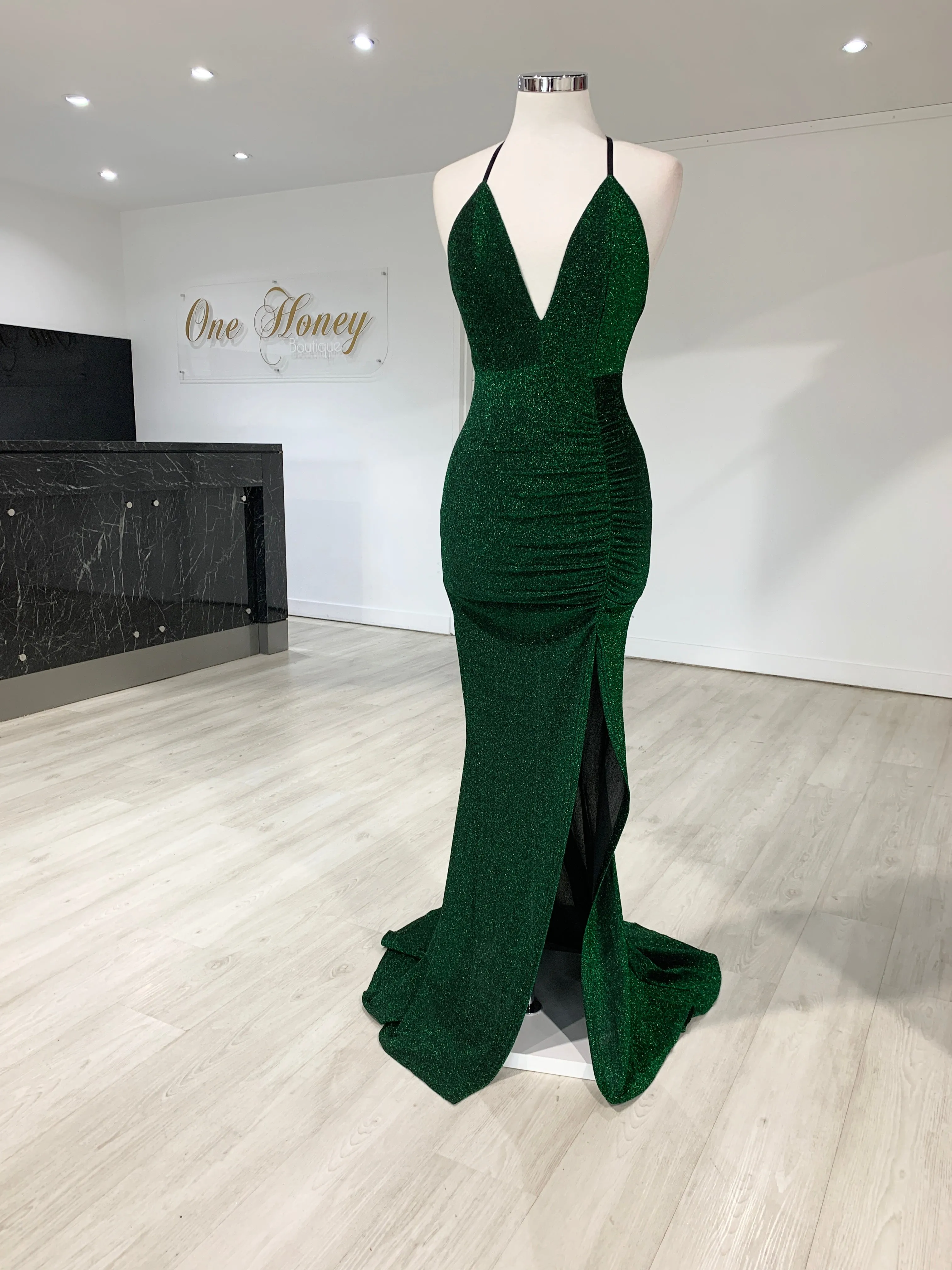 Honey Couture LUREX Emerald Green Sparkle Mermaid Evening Gown Dress