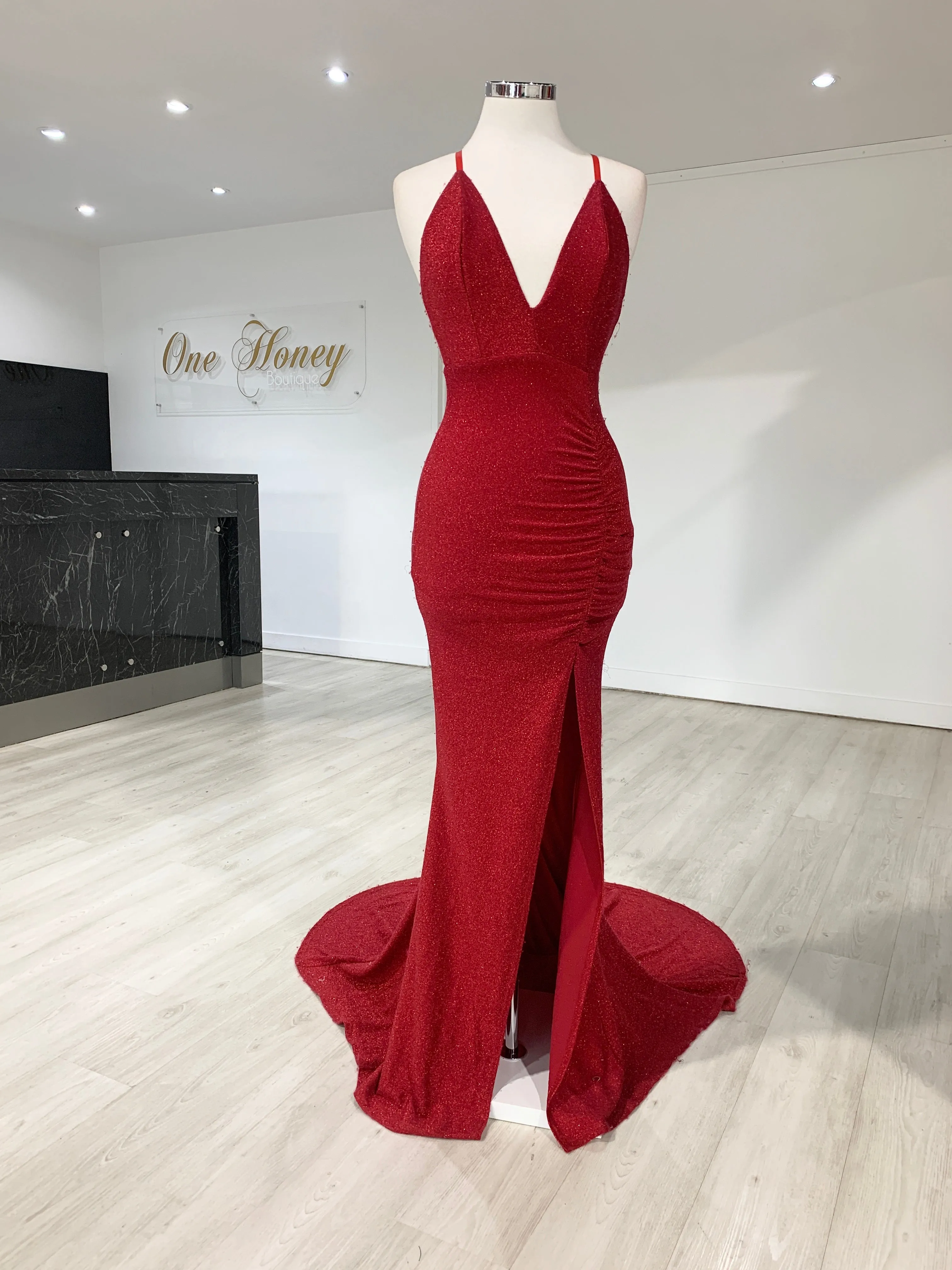 Honey Couture LUREX Red Sparkle Mermaid Evening Gown Dress