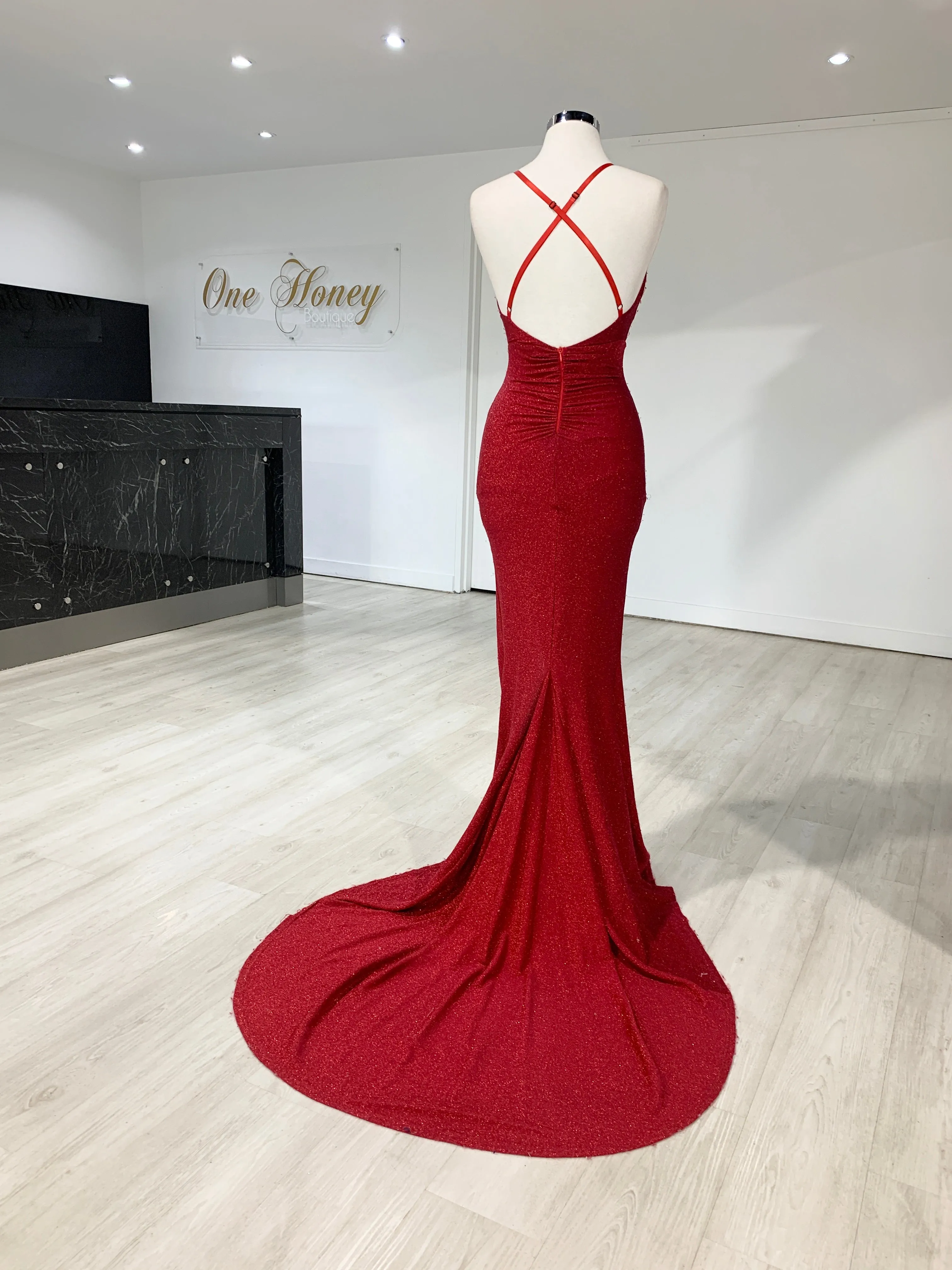 Honey Couture LUREX Red Sparkle Mermaid Evening Gown Dress