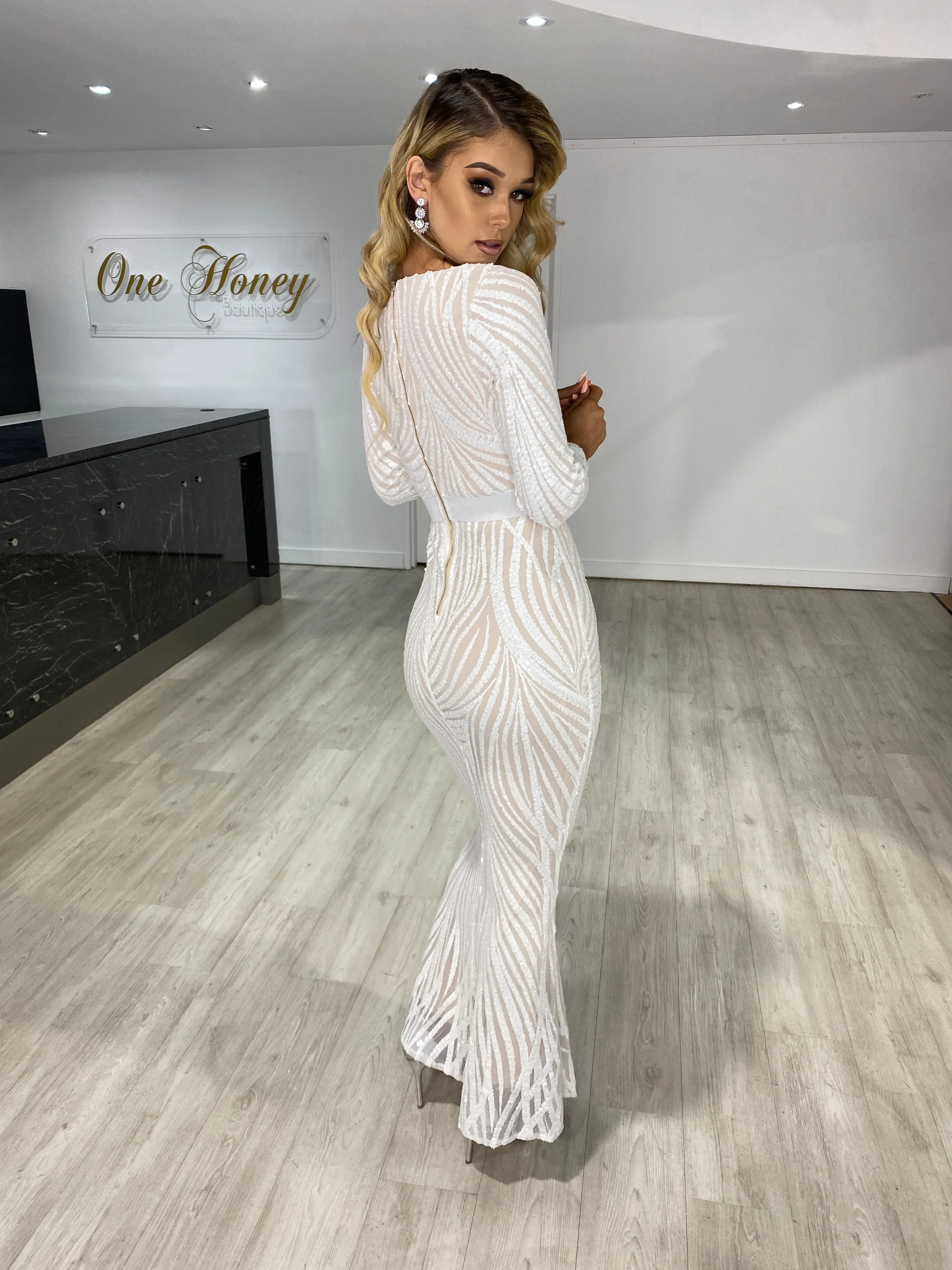 Honey Couture NADA White & Nude Long Sleeve Formal Dress