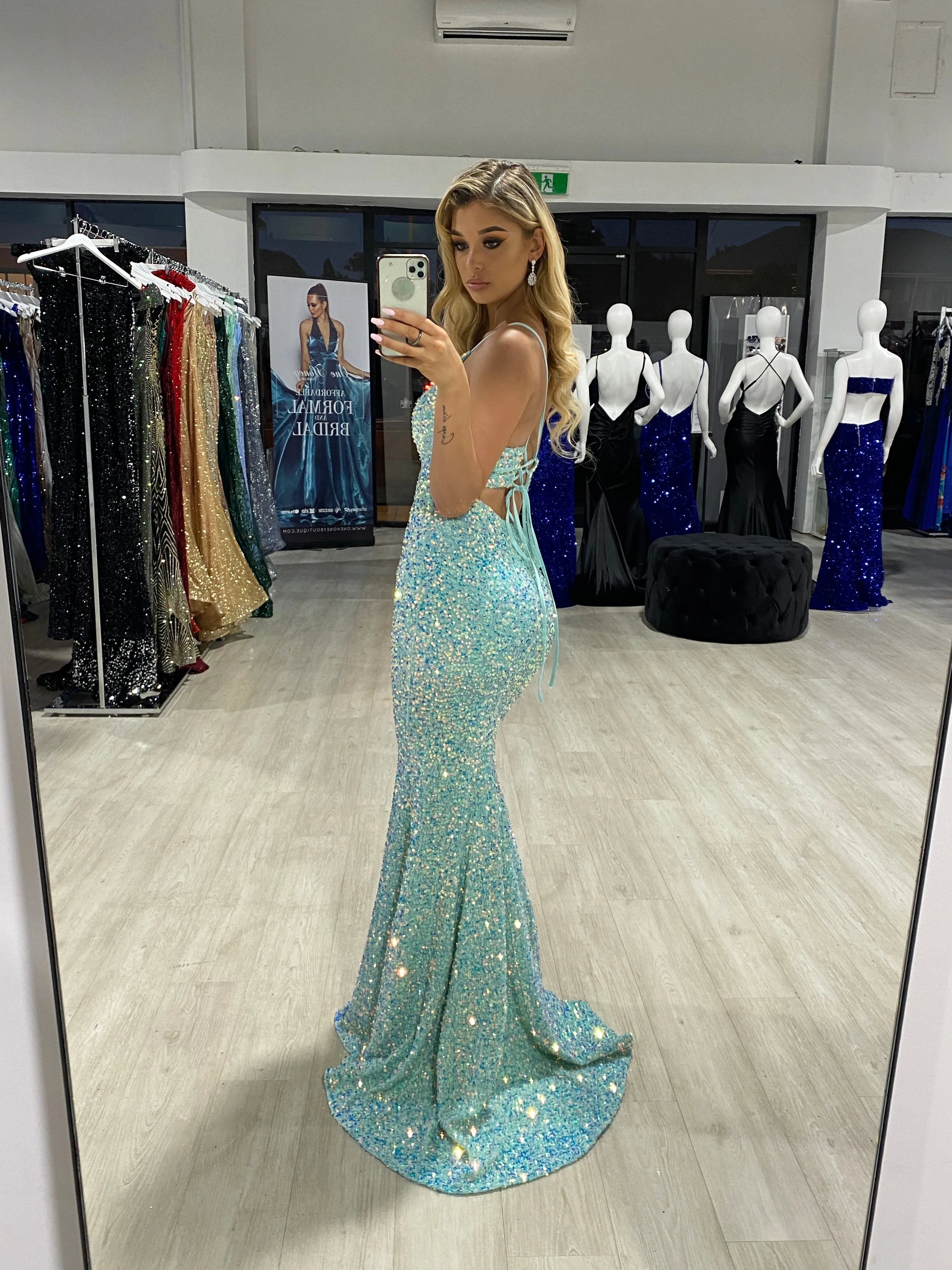 Honey Couture ROXY Green Tie Up Corset Back Sequin Mermaid Evening Gown Dress