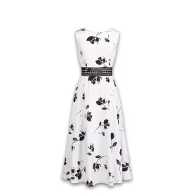 J. Peterman Women's Sleeveless Lace Waist Dress in Black & White Floral