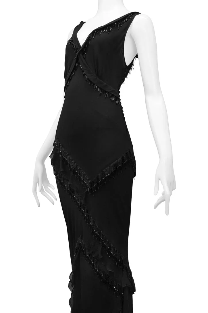 JOHN GALLIANO BLACK BEADED RUFFLE EVENING GOWN