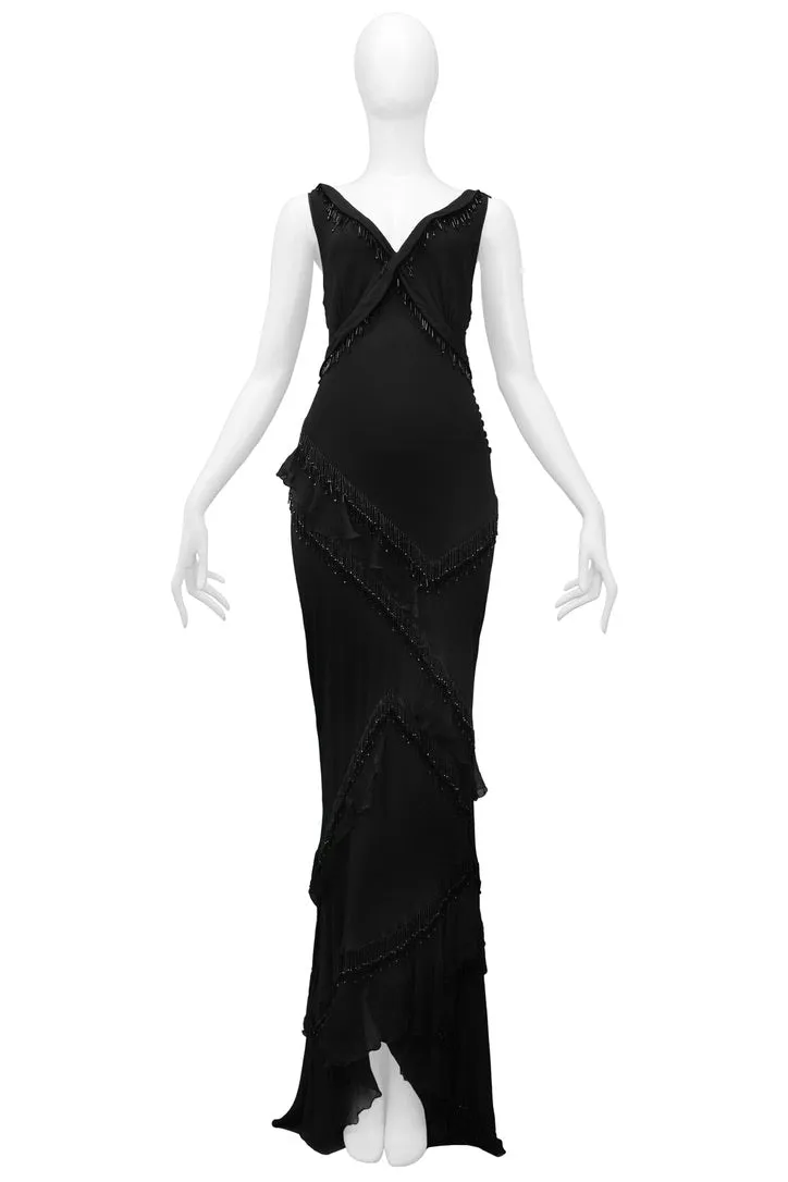 JOHN GALLIANO BLACK BEADED RUFFLE EVENING GOWN