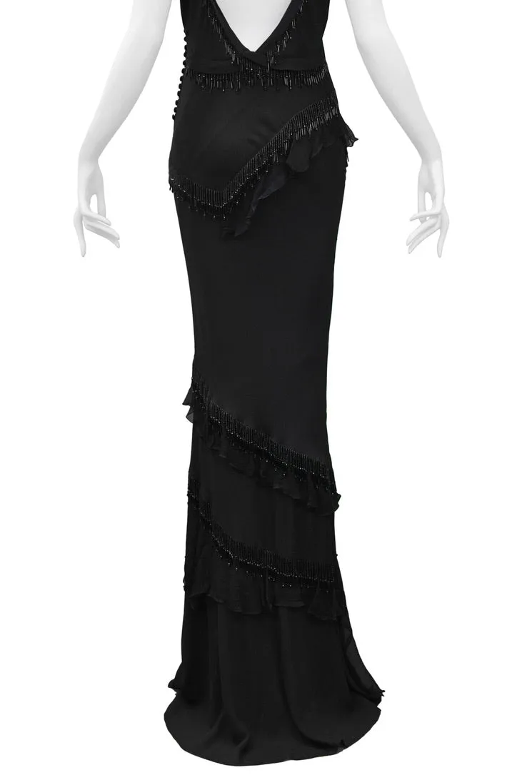 JOHN GALLIANO BLACK BEADED RUFFLE EVENING GOWN