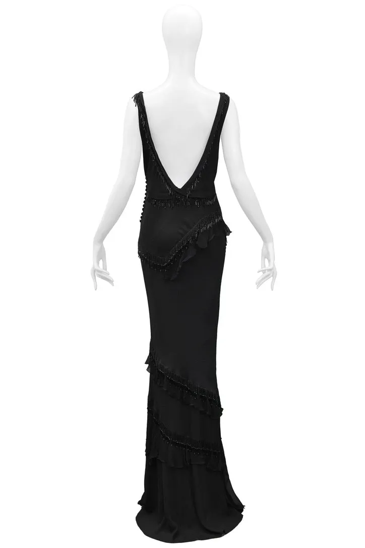 JOHN GALLIANO BLACK BEADED RUFFLE EVENING GOWN