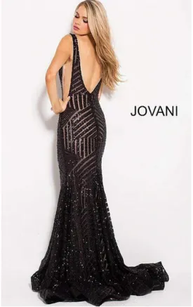 Jovani Plunging Neckline Open Back Cut Out Sequins Gown