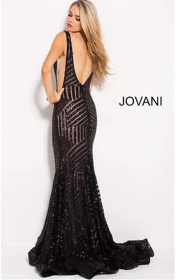 Jovani Plunging Neckline Open Back Cut Out Sequins Gown