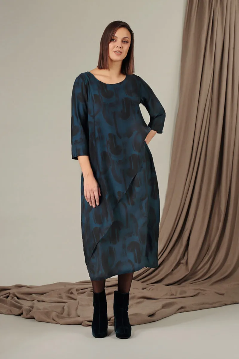 Layered Side Navy Paintwave Silk Bamboo Dress