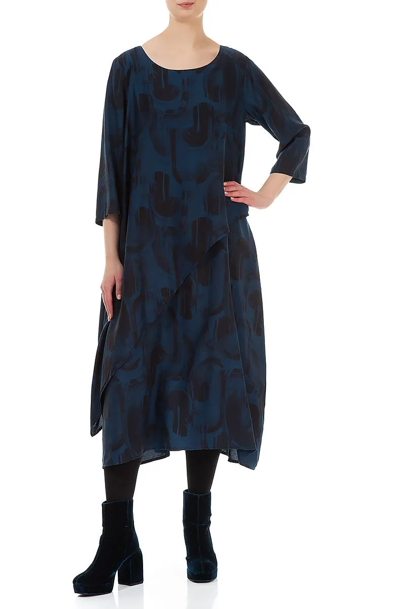 Layered Side Navy Paintwave Silk Bamboo Dress