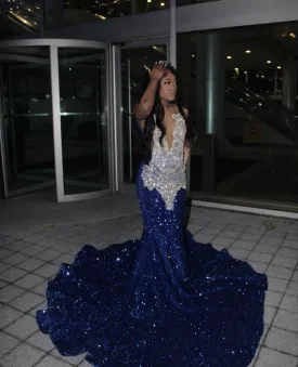 Long Fitted Prom Dress, Navy Blue Sequins Mermaid African Formal Party Gown