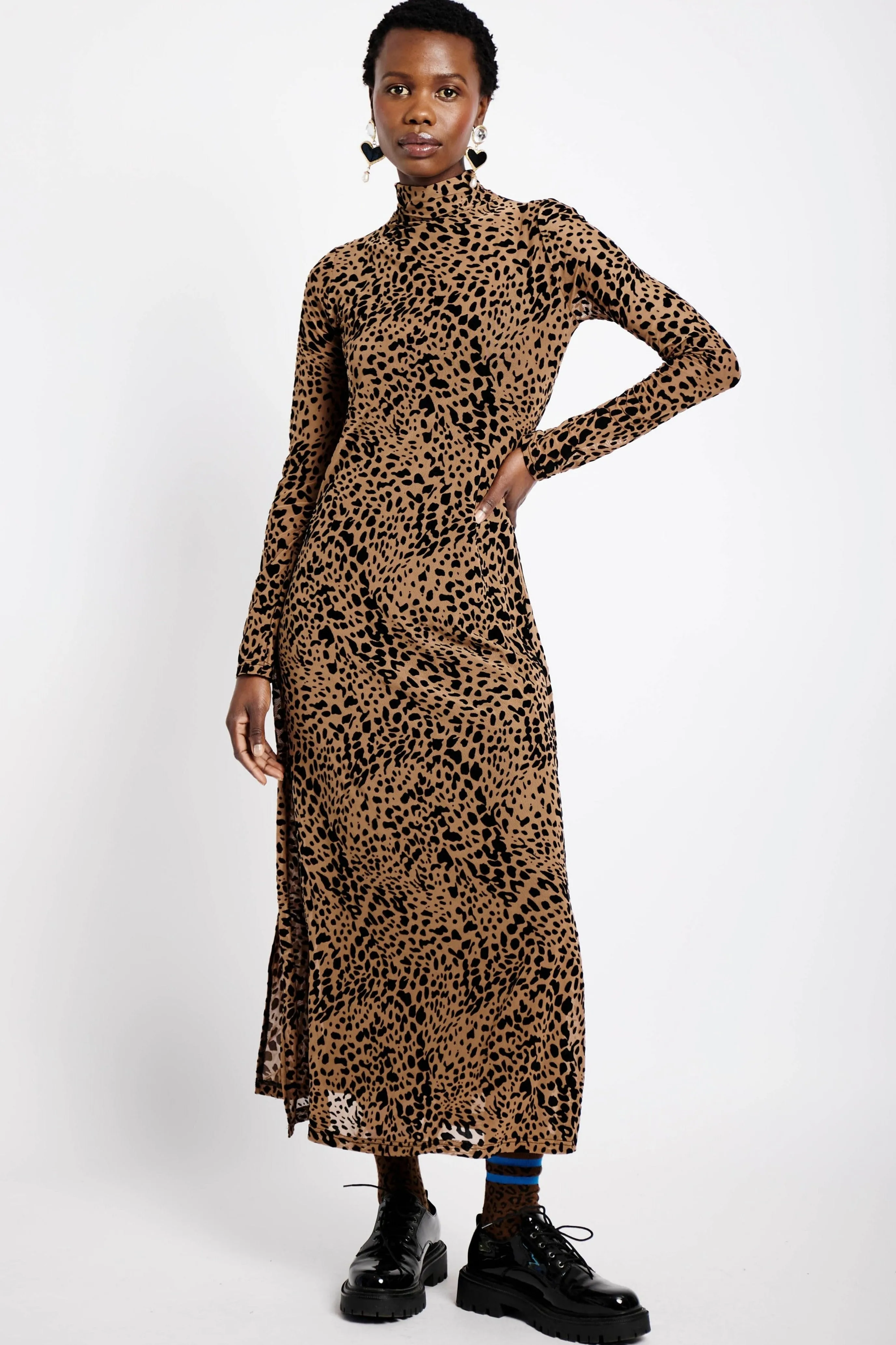 Long Sleeve Mesh Dress in Flocked Animal