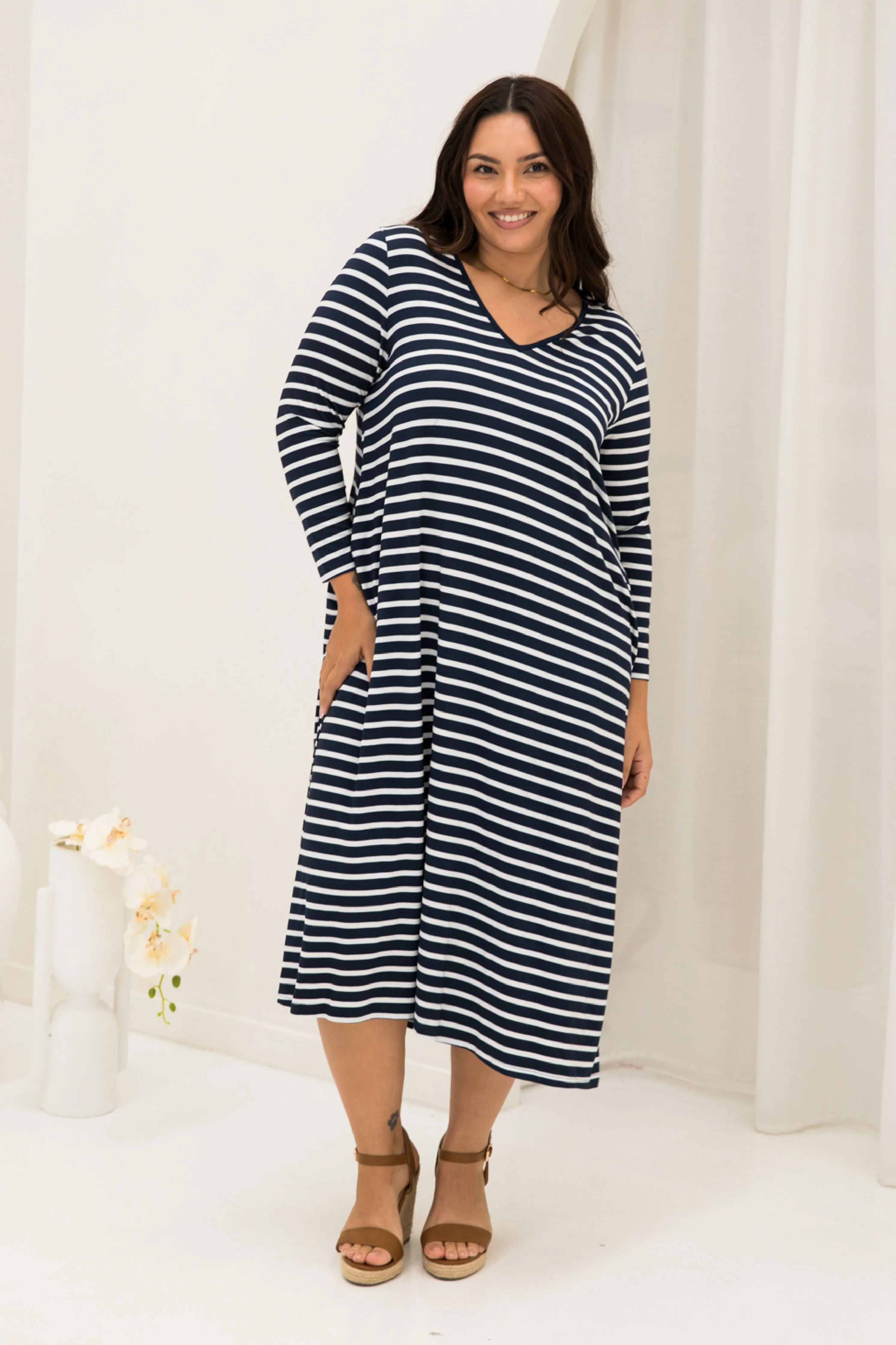 Long Sleeve T-Shirt Dress in Navy/White Stripe