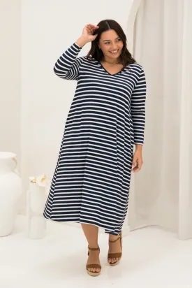 Long Sleeve T-Shirt Dress in Navy/White Stripe