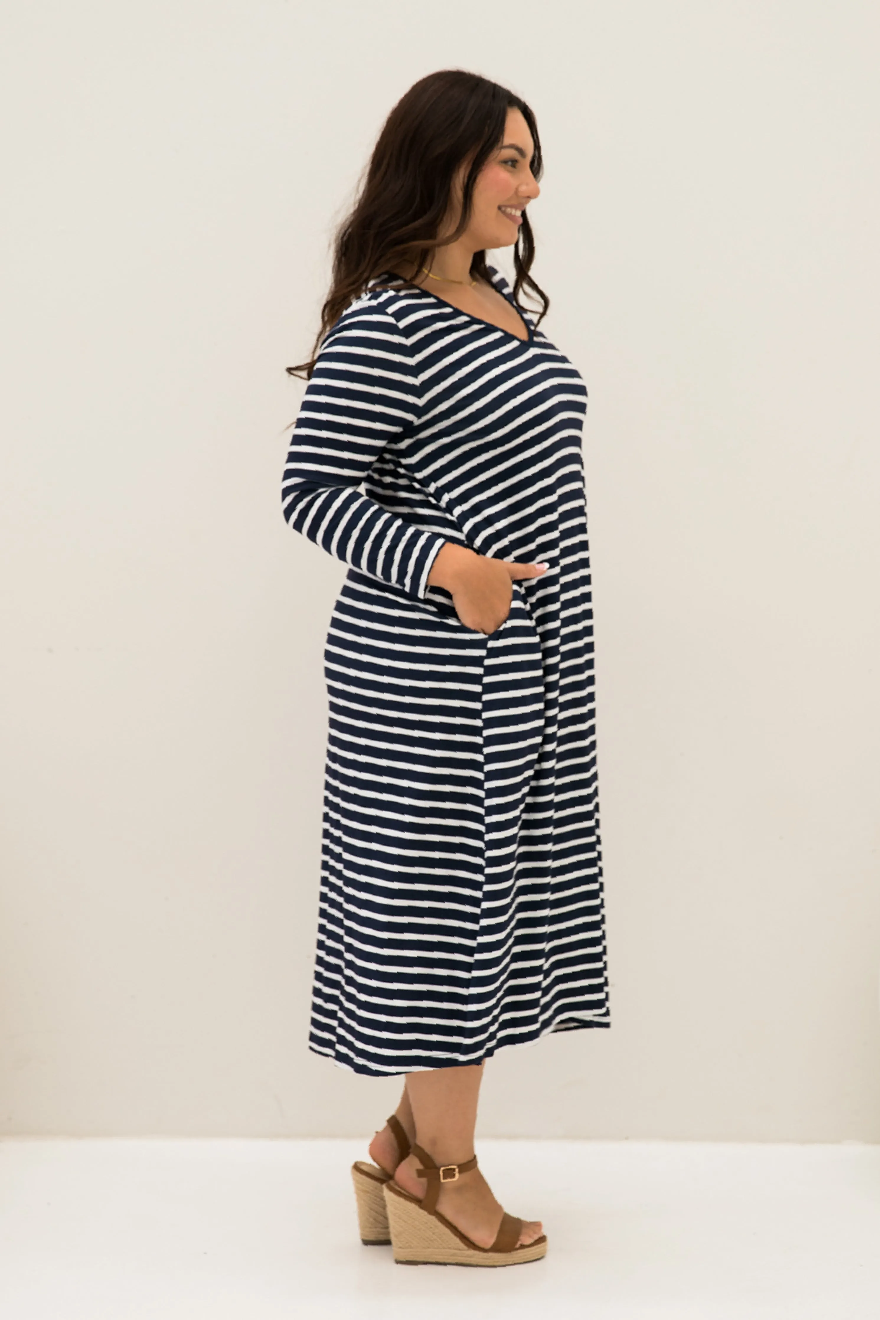 Long Sleeve T-Shirt Dress in Navy/White Stripe