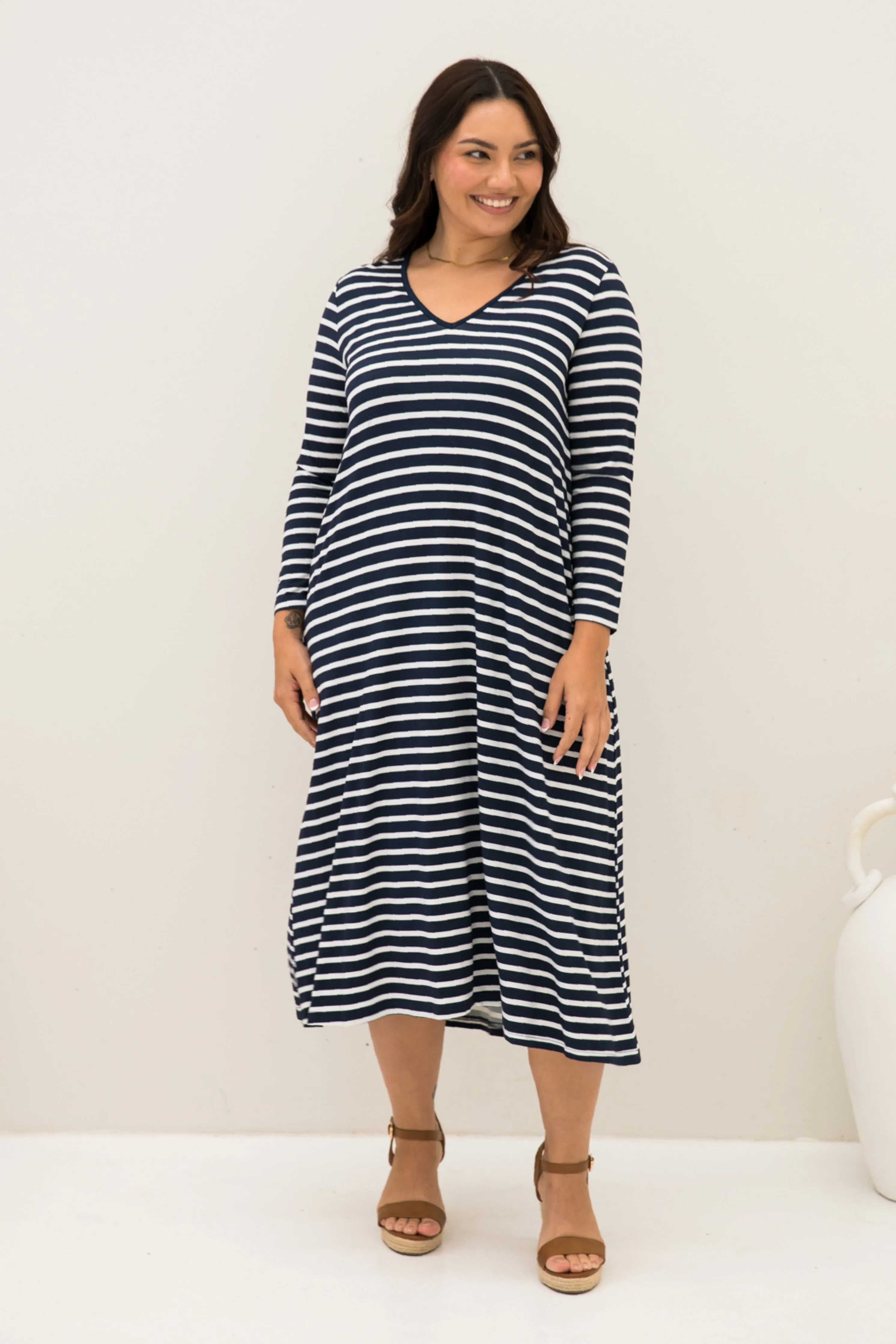 Long Sleeve T-Shirt Dress in Navy/White Stripe