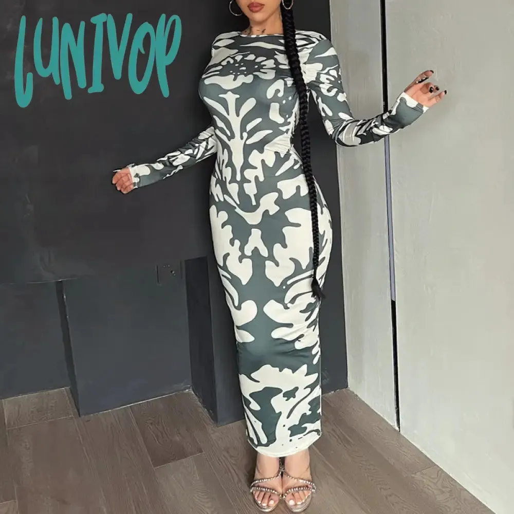 Lunivop dress to impress outfits Women's 2024 New Autumn Fashion Printed Slim Backless Long Sleeve Dress Women