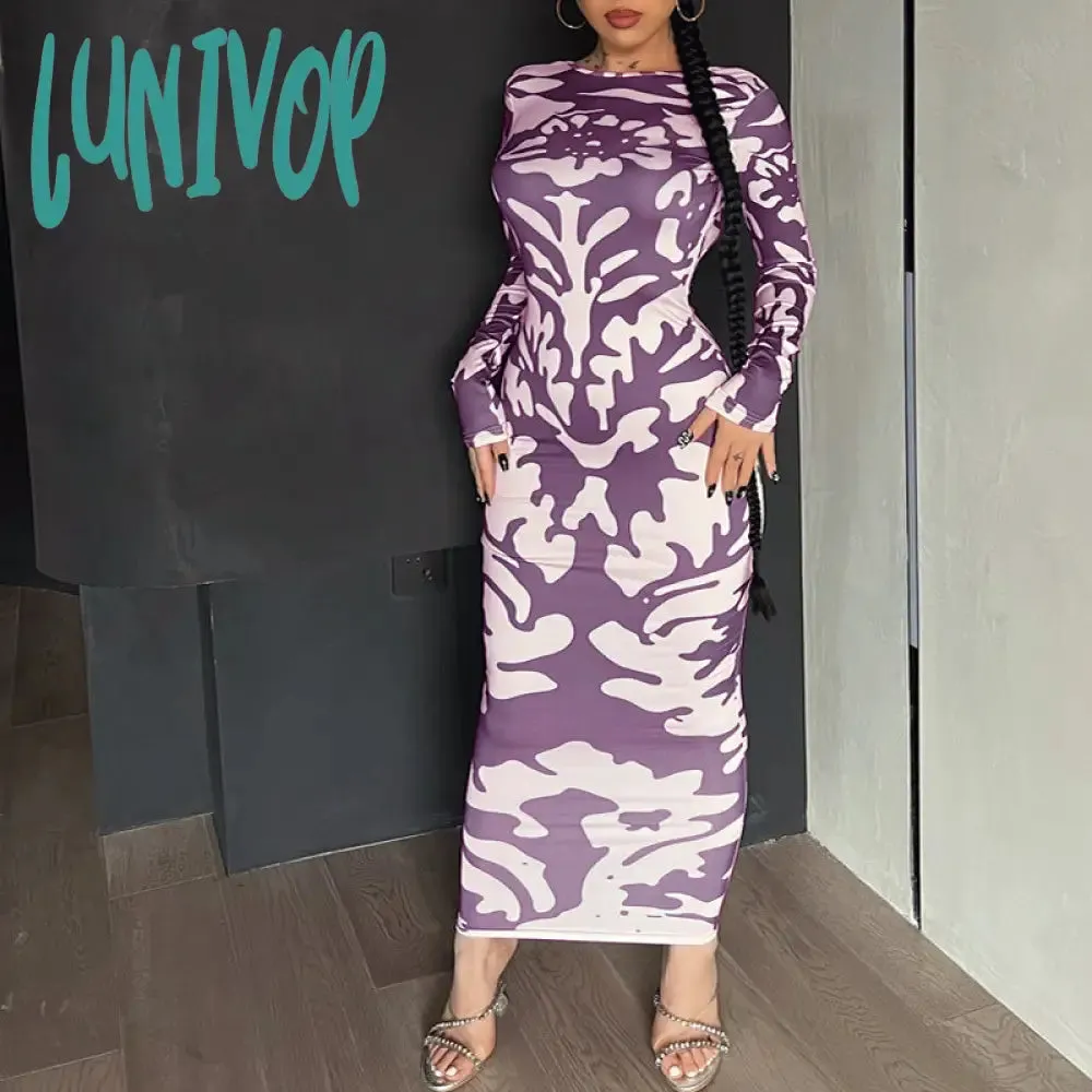 Lunivop dress to impress outfits Women's 2024 New Autumn Fashion Printed Slim Backless Long Sleeve Dress Women