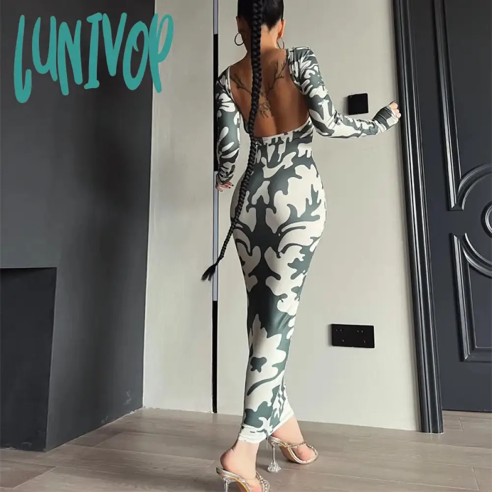 Lunivop dress to impress outfits Women's 2024 New Autumn Fashion Printed Slim Backless Long Sleeve Dress Women