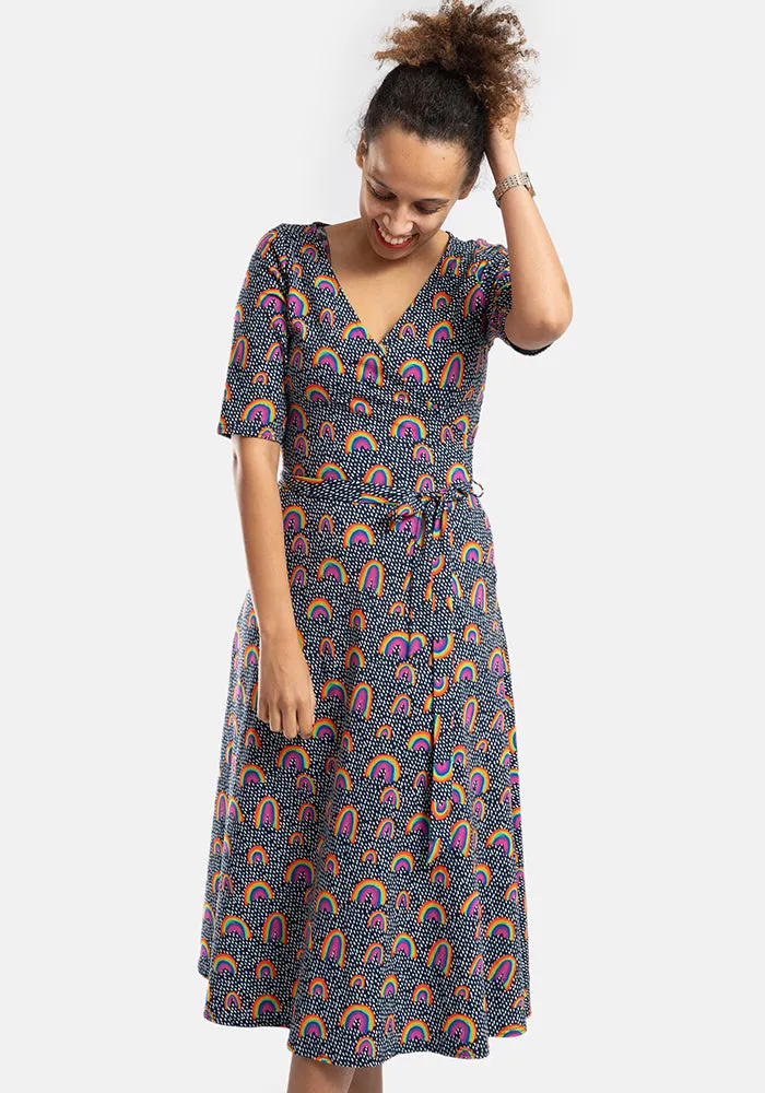 Maeve Navy Rainbow Print Cotton Midi Dress